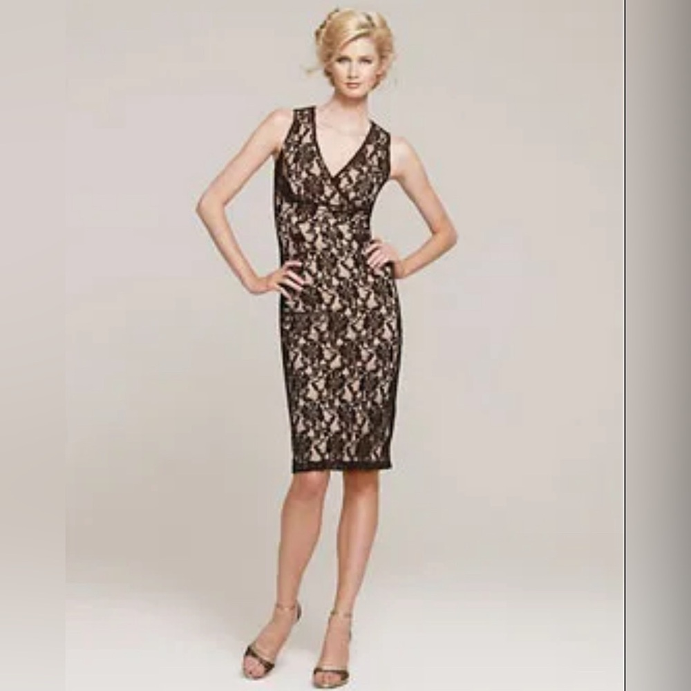 Loft Petite Nude Black Lace Empire Overlay Cocktail dress
